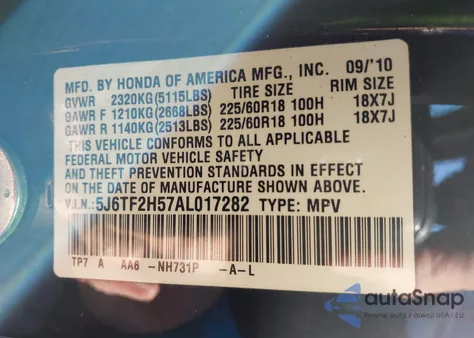 2010 Honda Accord Crosstour Ex-L z USA, uszkodzony, nr VIN 5J6TF2H57AL017282